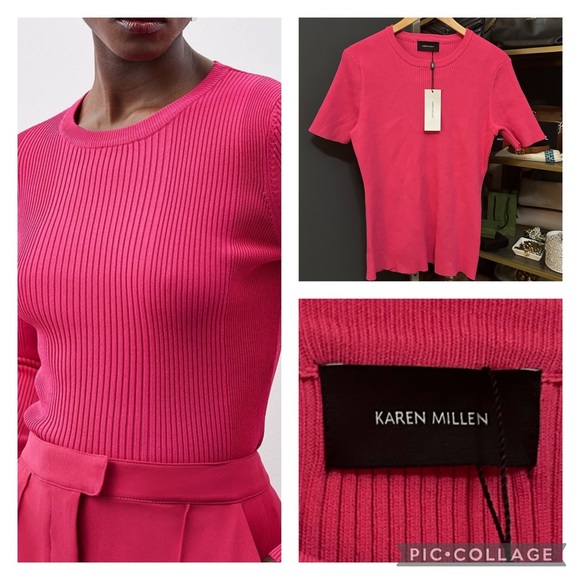 NWT Karen Millen FITTED Ribbed Crewneck Knit Tee Fuschia Pink XXXL Plus Size - Picture 1 of 7